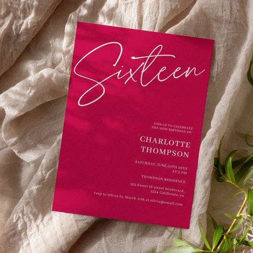 Elegant simple modern magenta photo Sweet 16 Invitation