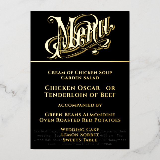 Elegant Simple Modern Minimalist Gold Wedding Menu Foil Invitation (Front)