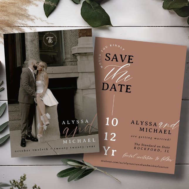 Elegant Simple Modern Mocha Mousse Photo Wedding Save The Date (Elegant modern photo typography script simple wedding save the date, black & white, mocha mousse)