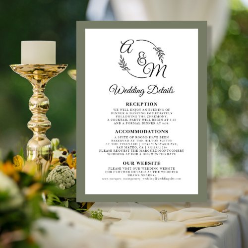 Elegant Simple Modern Moss Green Wedding Details Invitation