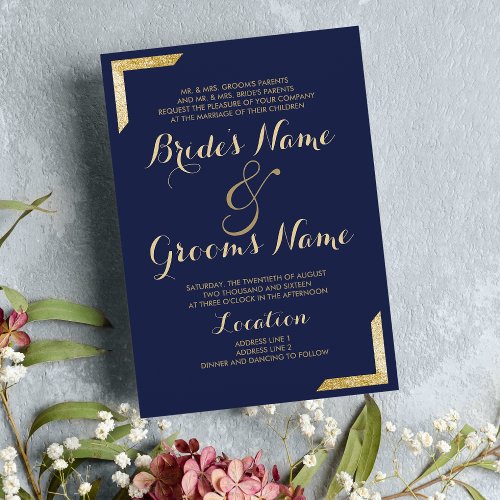 Elegant simple modern navy blue gold Wedding Invitation