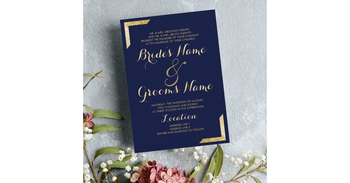 Elegant simple modern navy blue gold Wedding Invitation | Zazzle