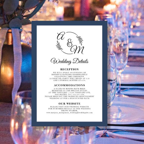 Elegant Simple Modern Navy Blue Wedding Details Invitation