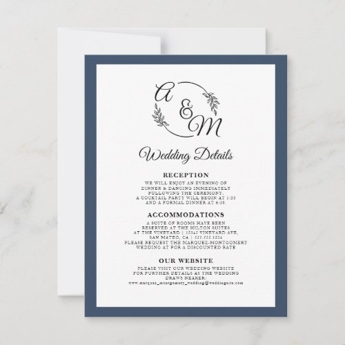 Elegant Simple Modern Navy Blue Wedding Details Invitation