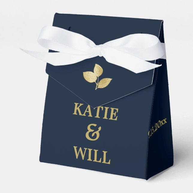 Elegant Simple Modern Navy Gold Leaves wedding Favor Boxes (Front Side)