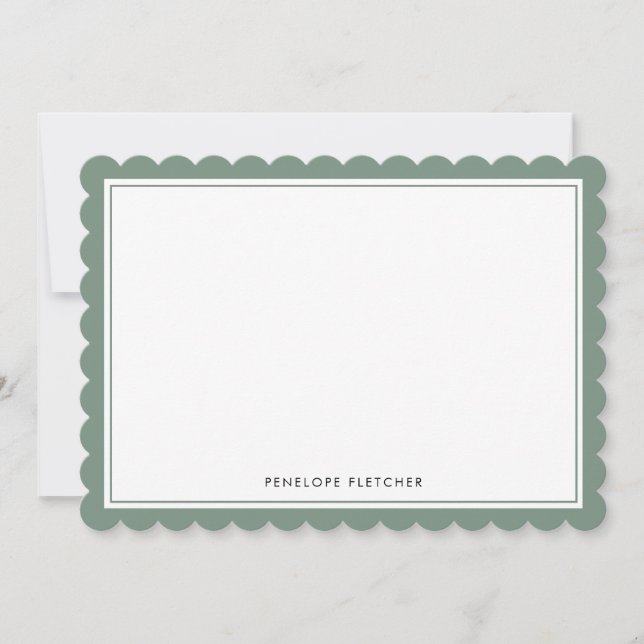 Elegant Simple Modern Olive Green Scalloped Edge Note Card (Front)