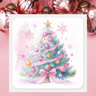 Elegant Simple Modern Pink Vintage Christmas Tree Square Sticker