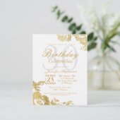 Elegant Simple Modern Rose Floral Gold Birthday Invitation (Standing Front)