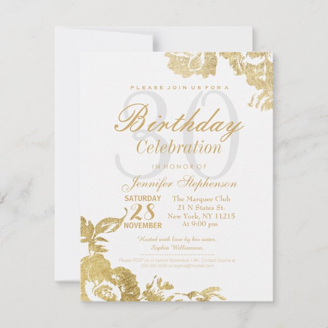 Elegant Simple Modern Rose Floral Gold Birthday Invitation (Front)
