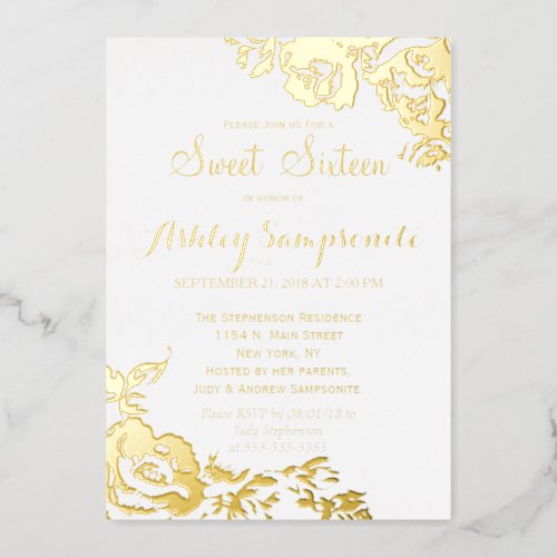 Elegant Simple Modern Rose Floral Gold Sweet 16 Foil Invitation