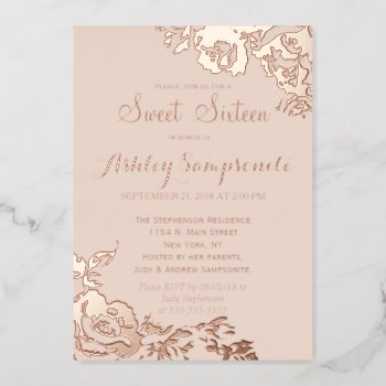 Elegant Simple Modern Rose Floral Gold Sweet 16 Foil Invitation by I_Invite_You at Zazzle