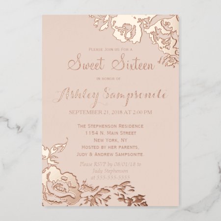 Elegant Simple Modern Rose Floral Gold Sweet 16 Foil Invitation