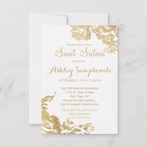 Elegant Simple Modern Rose Floral Gold Sweet 16 Invitation