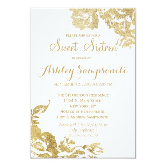 Elegant Simple Modern Rose Floral Gold Sweet 16 Invitation Zazzle Com