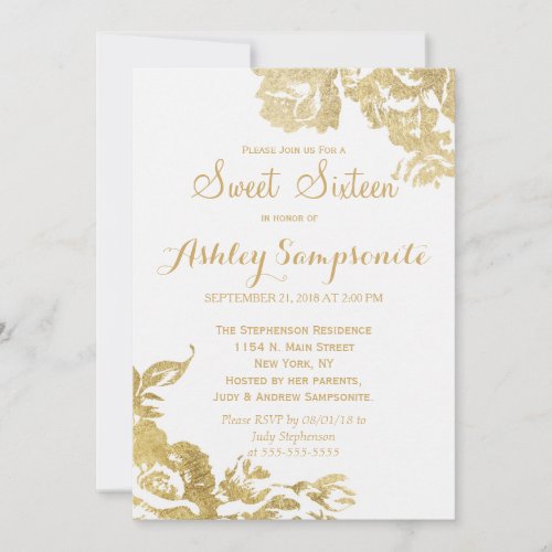 Elegant Simple Modern Rose Floral Gold Sweet 16 Invitation