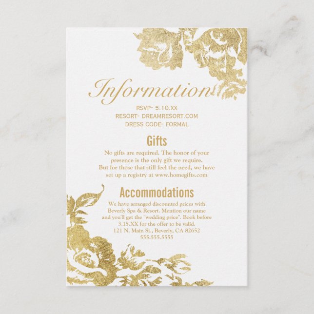 Elegant Simple Modern Rose Floral Gold Wedding Enclosure Card (Front)