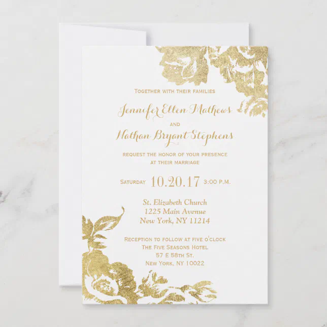 Elegant Simple Modern Rose Floral Gold Wedding Invitation | Zazzle