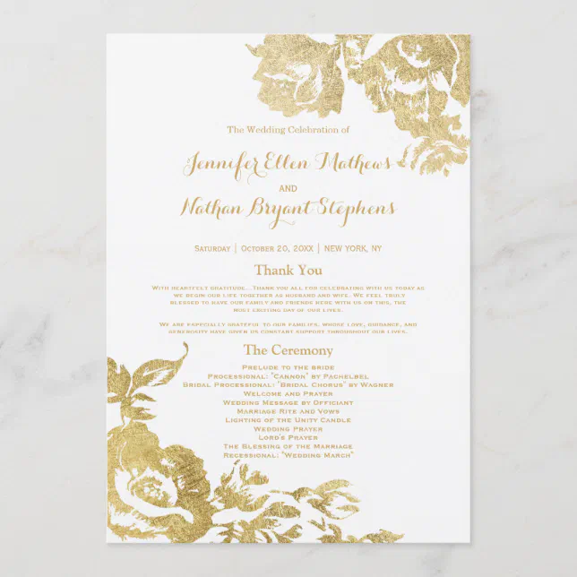 Elegant Simple Modern Rose Floral Gold Wedding Program | Zazzle