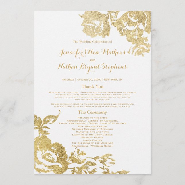 Elegant Simple Modern Rose Floral Gold Wedding Program (Front)
