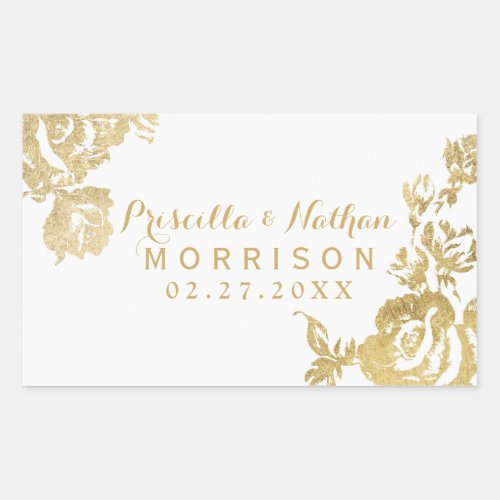 Elegant Simple Modern Rose Floral Gold Wedding Rectangular Sticker