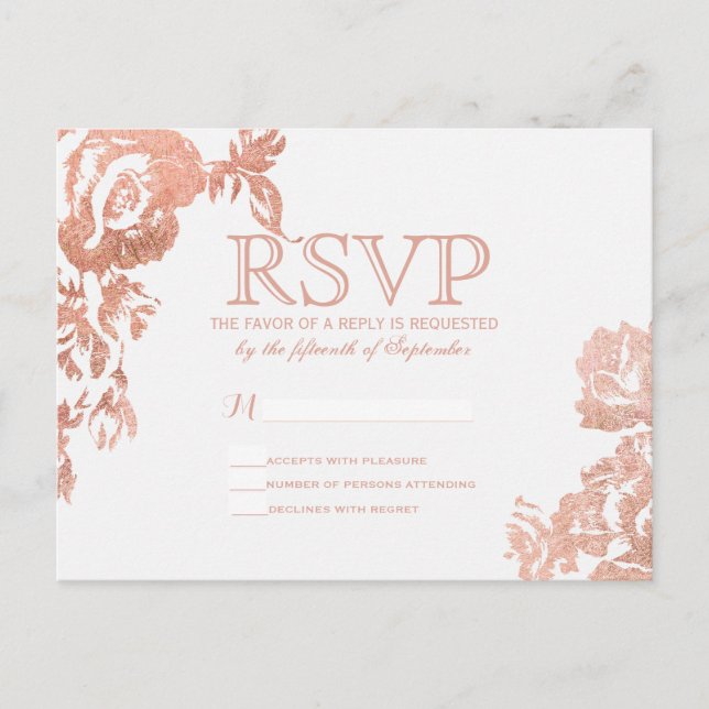 Elegant Simple Modern Rose Gold Floral Faux Print Invitation Postcard (Front)