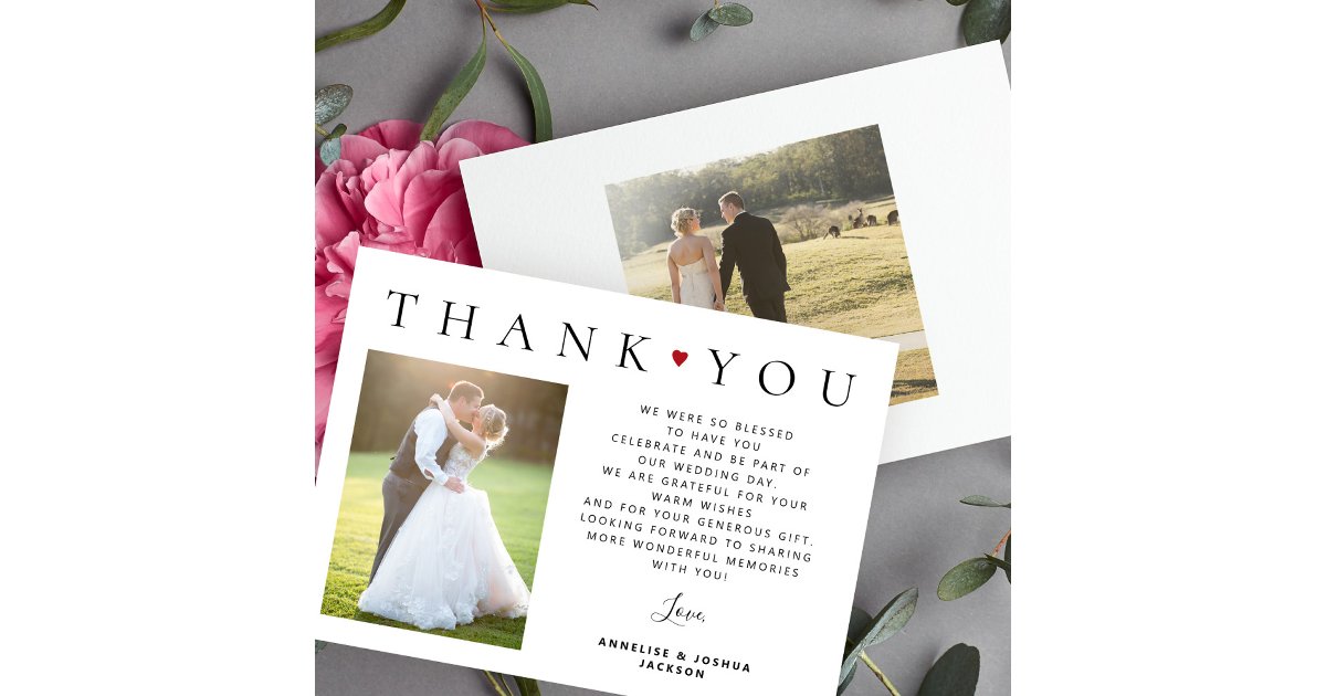 Elegant simple modern typography 2 photo wedding thank you card | Zazzle