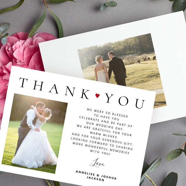 Elegant simple modern typography 2 photo wedding thank you card (Creator Uploaded)