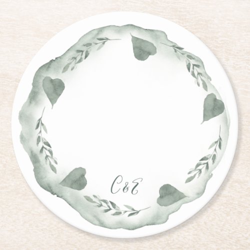 Elegant Simple Modern Watercolor Monogram Wedding. Round Paper Coaster