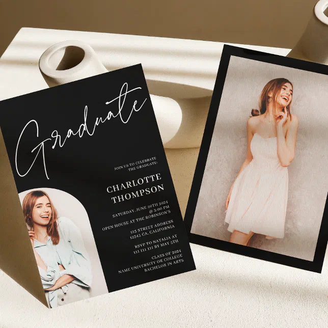 Elegant simple modern white black photo graduation invitation | Zazzle