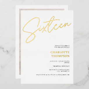 Elegant simple modern white photo Sweet 16 gold Foil Invitation