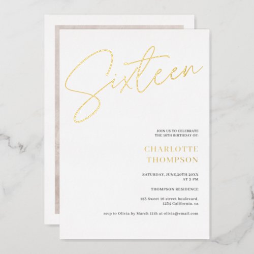 Elegant simple modern white photo Sweet 16 gold Foil Invitation