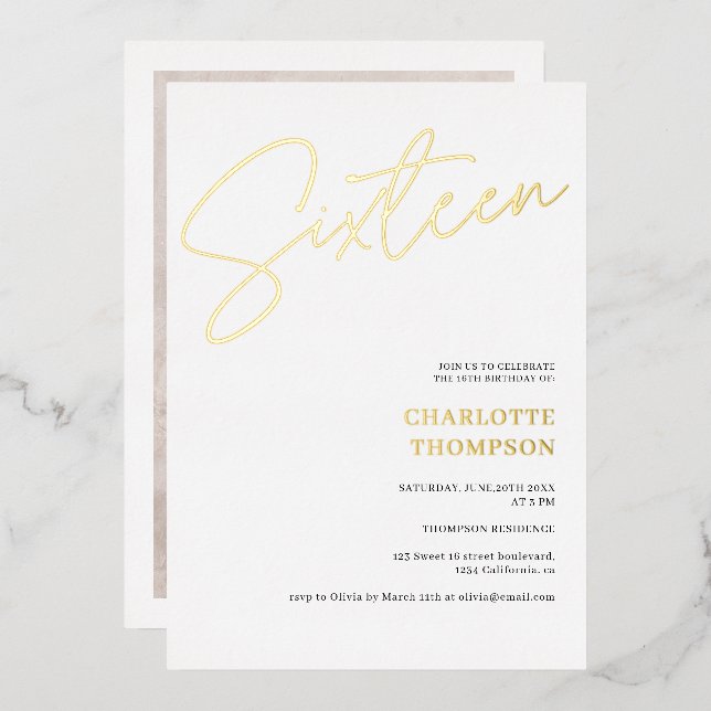 Elegant simple modern white photo Sweet 16 gold Foil Invitation (Front/Back)