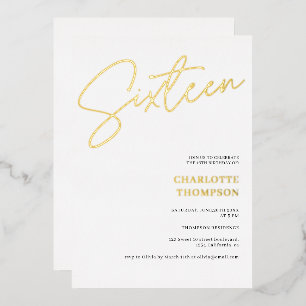 Elegant simple modern white Sweet 16 gold Foil Invitation