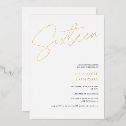 Elegant simple modern white Sweet 16 gold Foil Invitation