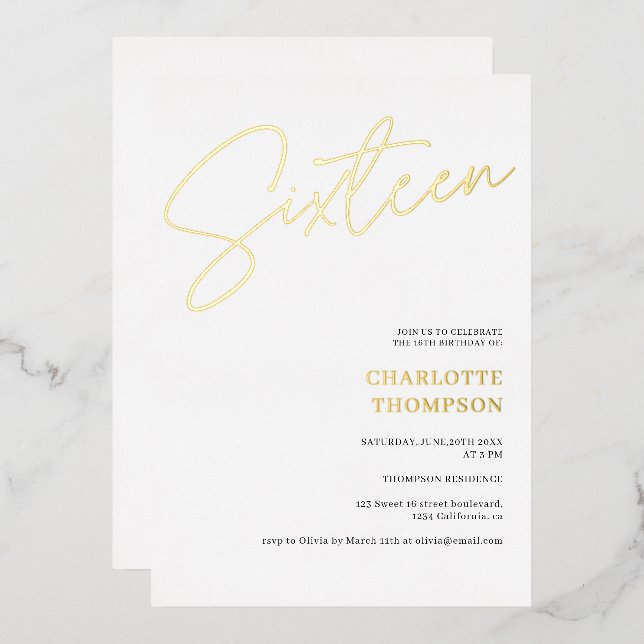 Elegant simple modern white Sweet 16 gold Foil Invitation (Front/Back)