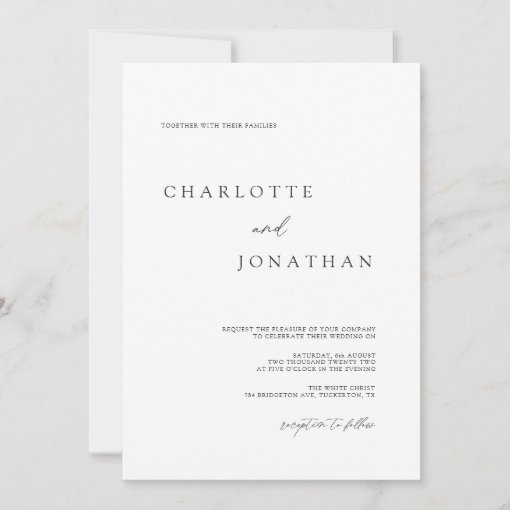 Elegant Simple Modern White Wedding Invitation | Zazzle