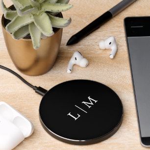 Elegant Simple Monogram Black Modern Wireless Charger