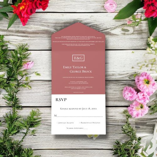 Elegant Simple Monogram Burgundy Modern Wedding All In One Invitation