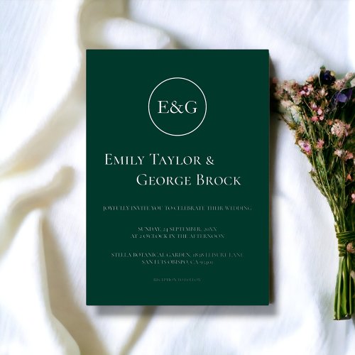 Elegant Simple Monogram Emerald Wedding Silver Foil Invitation