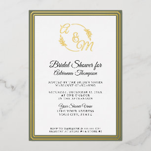 Elegant Simple Monogram Green Gold Bridal Shower Foil Invitation
