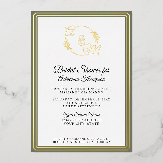 Elegant Simple Monogram Green Gold Bridal Shower Foil Invitation (Front)