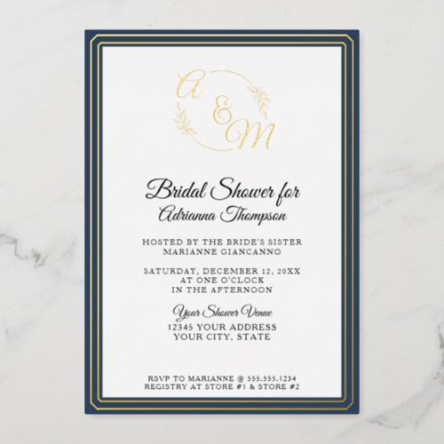 Elegant Simple Monogram Green Gold Bridal Shower Foil Invitation