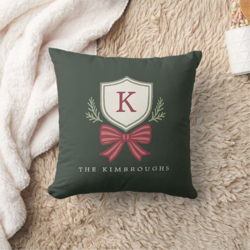 Elegant Simple Monogram Green Red Bow Christmas  Throw Pillow