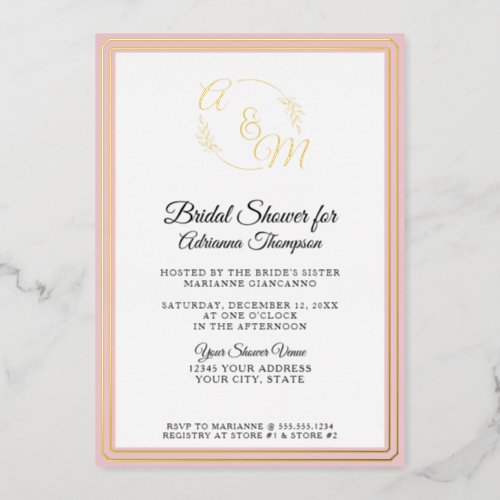Elegant Simple Monogram Pink Gold Bridal Shower Foil Invitation