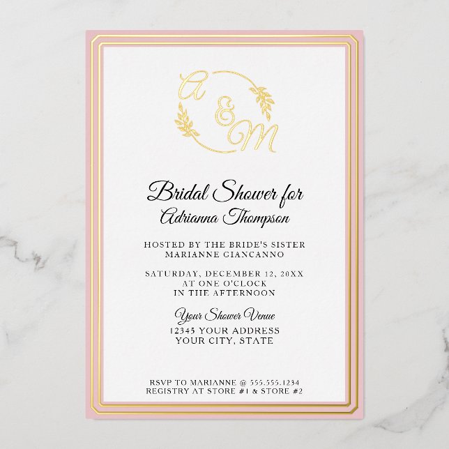 Elegant Simple Monogram Pink Gold Bridal Shower Foil Invitation (Front)