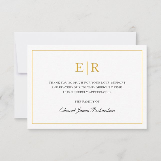 Elegant Simple Monogram Sympathy Gold Funeral Thank You Card (Front)
