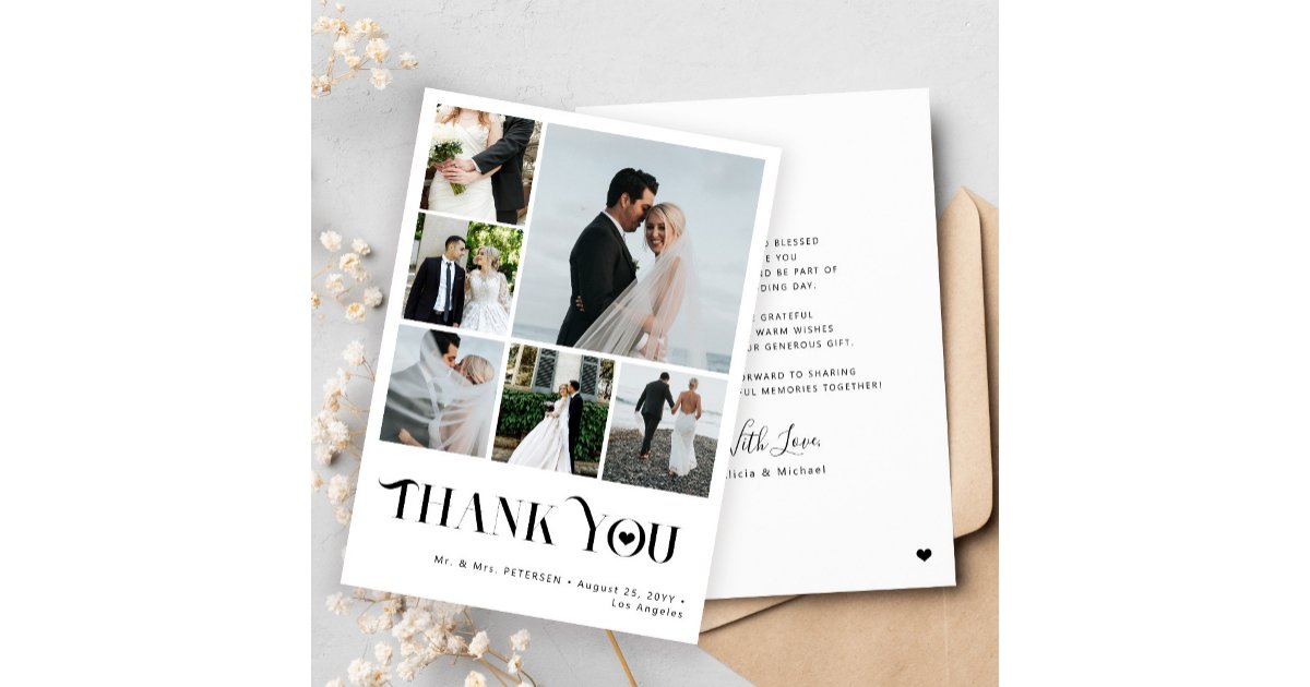 Elegant simple multi photo collage wedding thank you card | Zazzle
