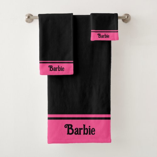 Elegant Simple Name Text on Black  Pink Bath Towel Set