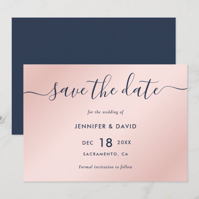 Elegant Simple Navy Blue and Blush Wedding Save The Date (Front/Back)