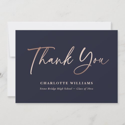 Elegant Simple Navy Blue and Rose Gold Graduation Thank You Card